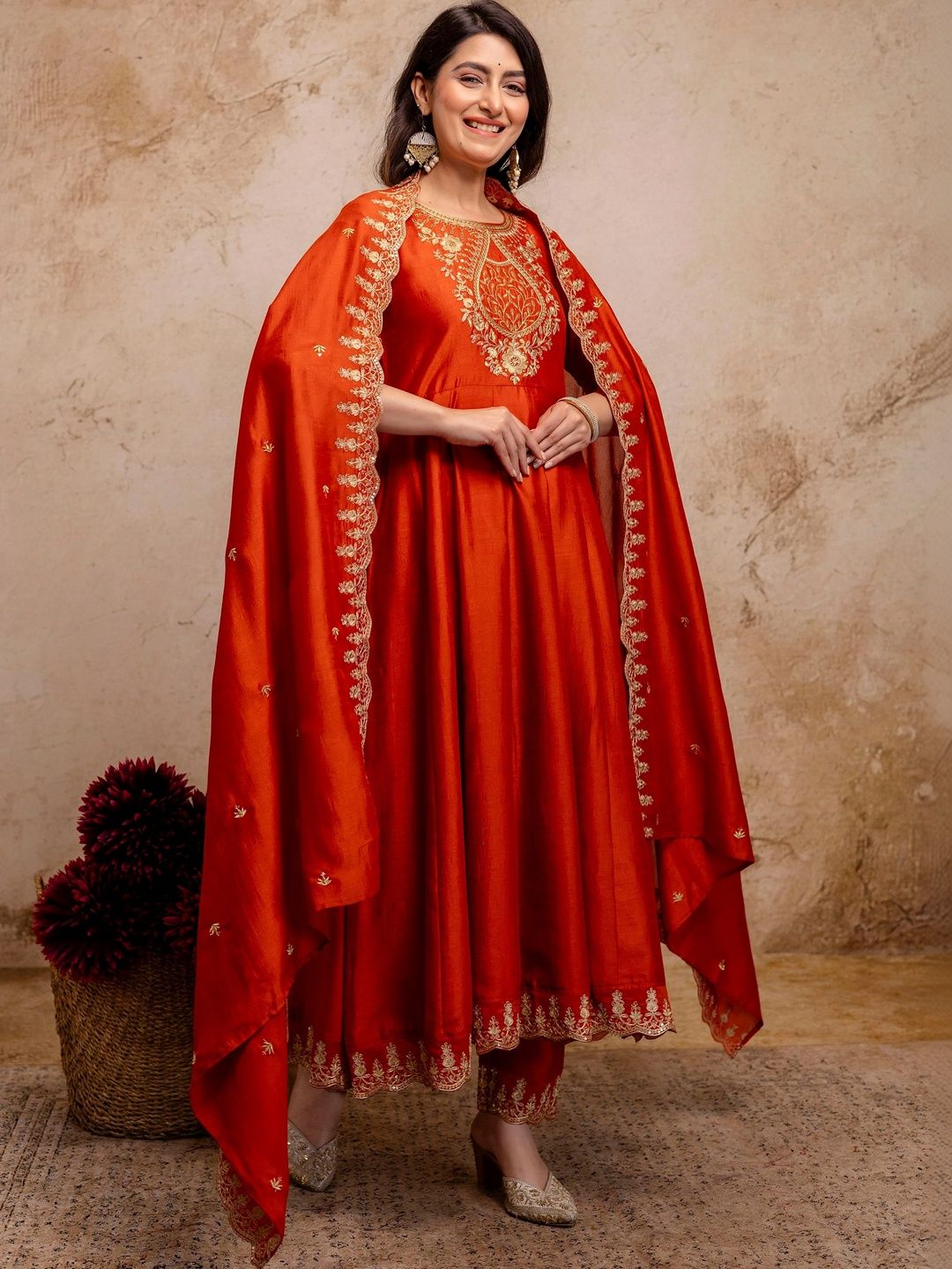 Berrylicious Women Ethnic Motifs Embroidered Angrakha Pure Silk Kurta with Trousers & With Dupatta-picture-27