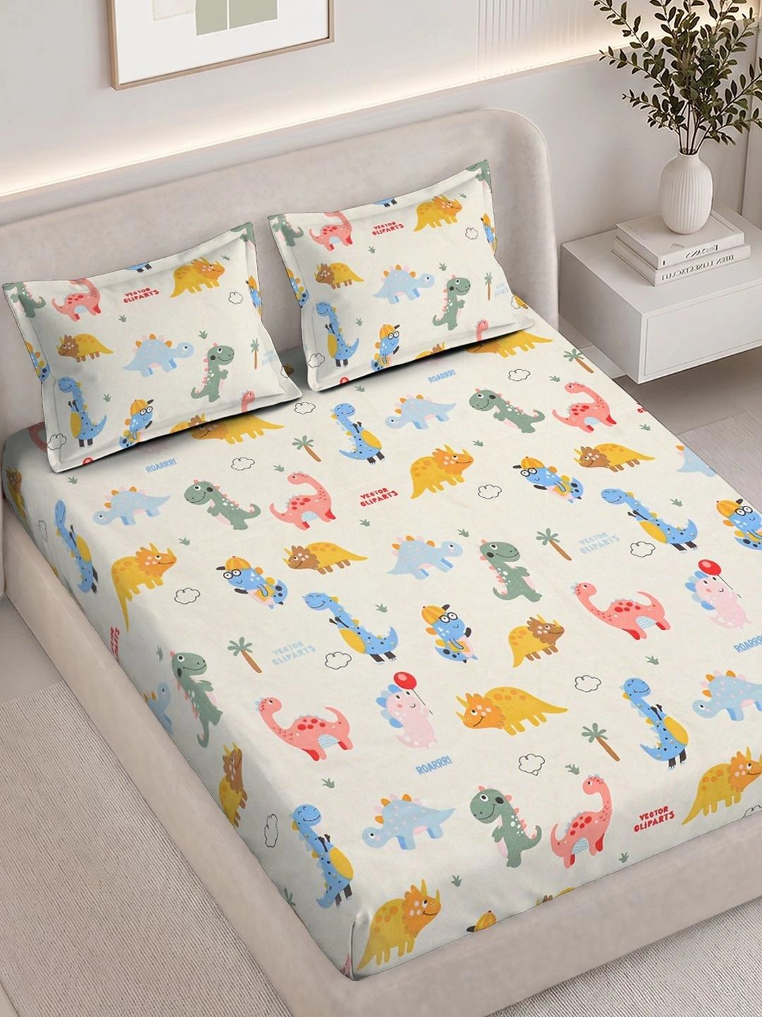 FABINALIV White & Multicoloured Cartoon Characters 300 TC King Bedsheet with 2 Pillow Covers-picture-56