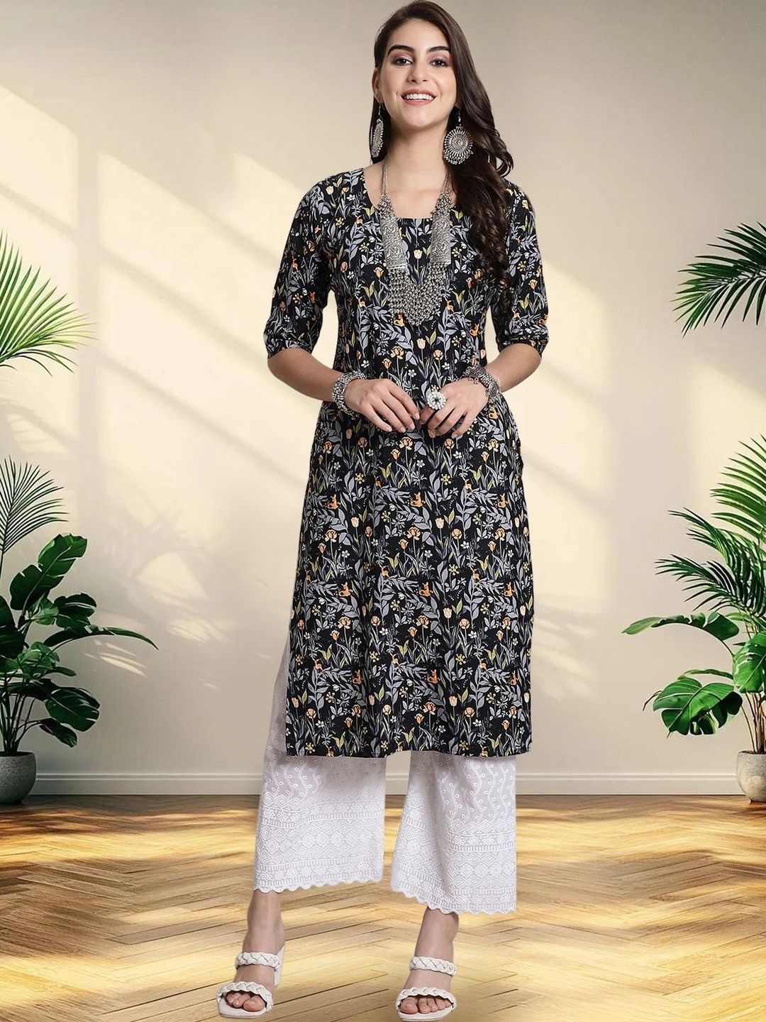 HERE&NOW Women Pack of 3 Floral Printed Crepe Kurtas-picture-33