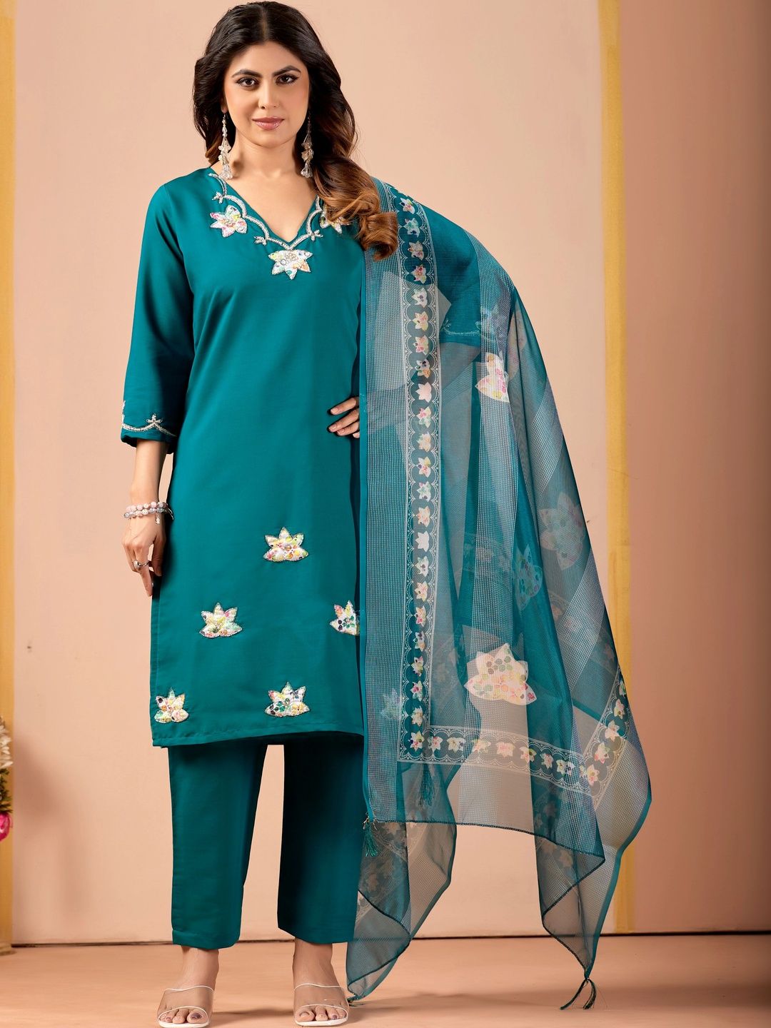 MANVAA Women Floral Embroidered Regular Thread Work Kurta with Trousers & With Dupatta-picture-47