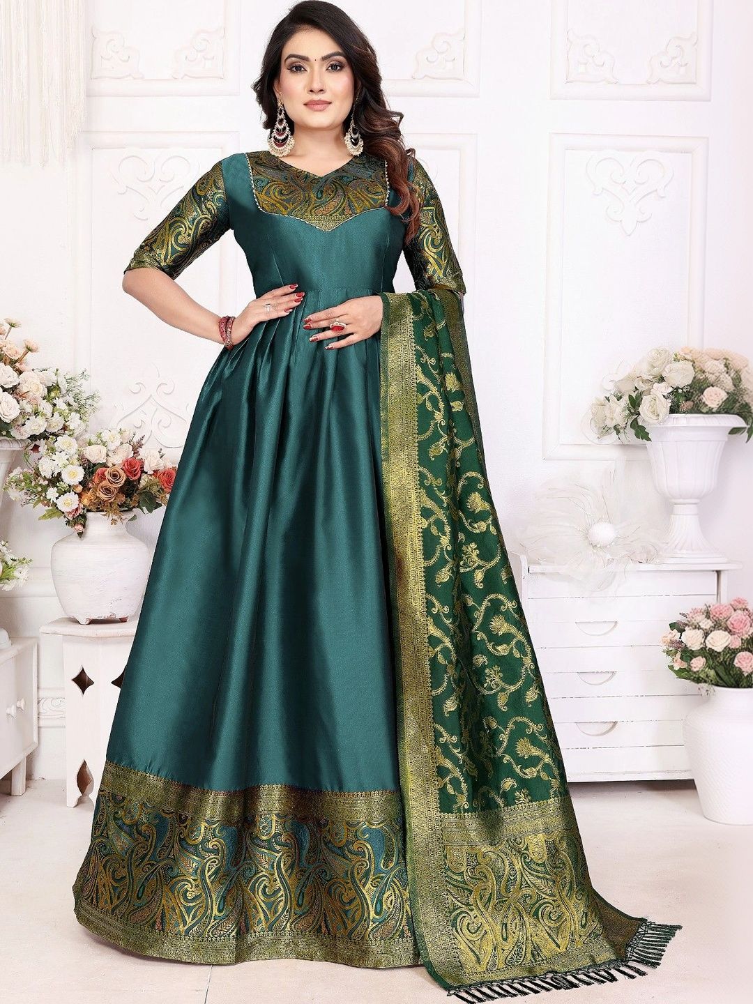 Kinjhit Fashion Woven Design V-Neck Gown Ethnic Dresses With Dupatta-picture-56