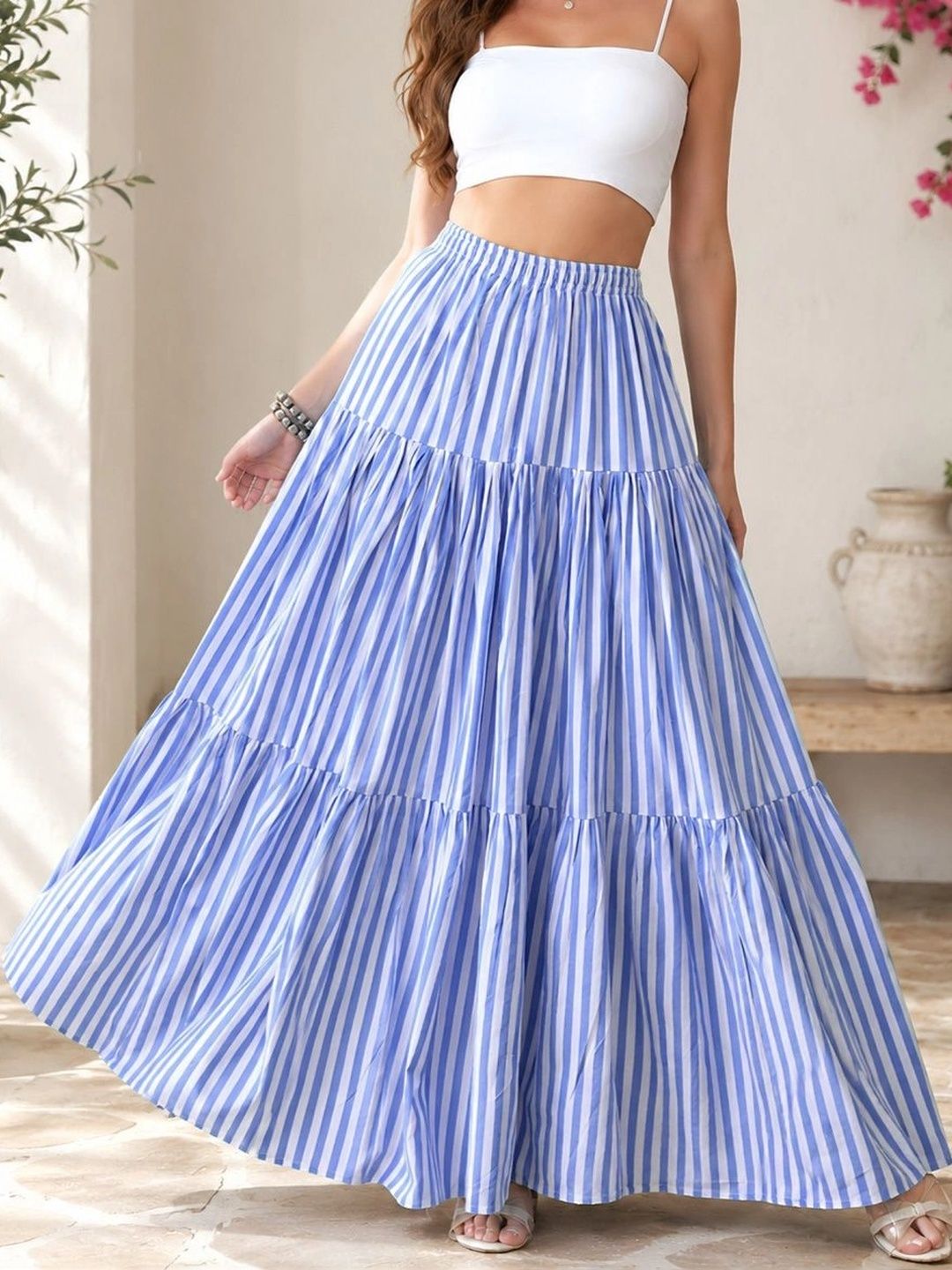 PTVIZE Women Crepe Striped Tiered Maxi Tiered Skirt-picture-46