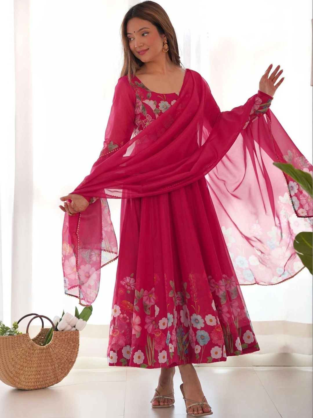 HERE&NOW Women Floral Printed Empire Kurta with Palazzos & With Dupatta-picture-27