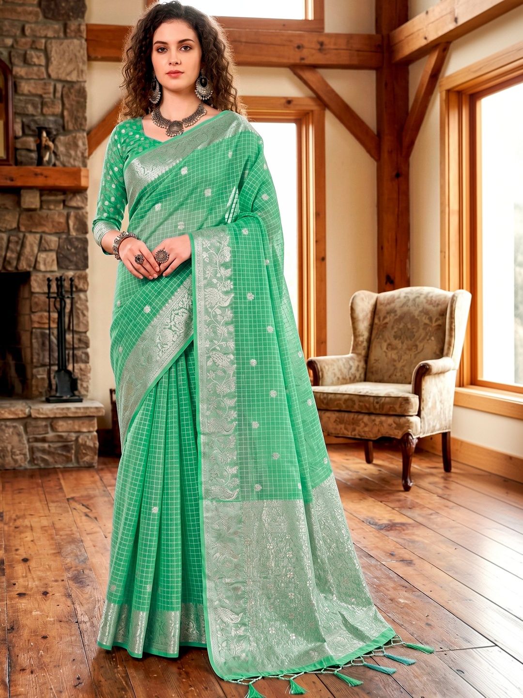 SANGAM PRINTS Floral Zari Tussar Saree-picture-28