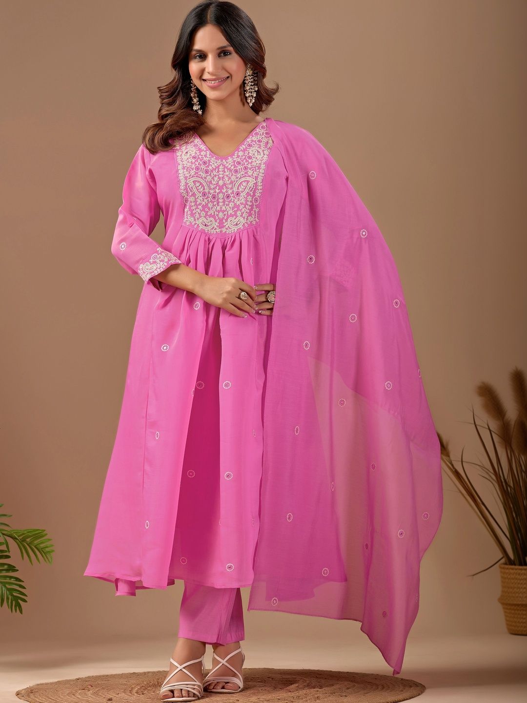 Maroosh Women Ethnic Motifs Embroidered Empire Thread Work Chanderi Cotton Kurta with Trousers & With Dupatta-picture-48