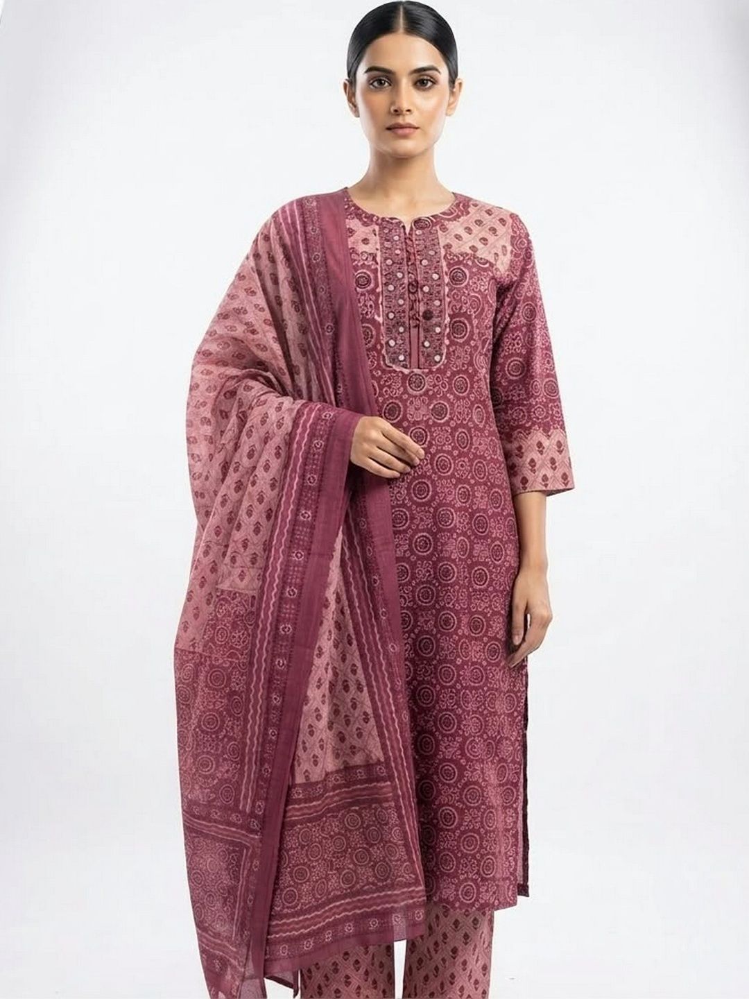 EtnicaWear Women Ethnic Motifs Printed Regular Pure Cotton Kurta with Trousers & With Dupatta-picture-38