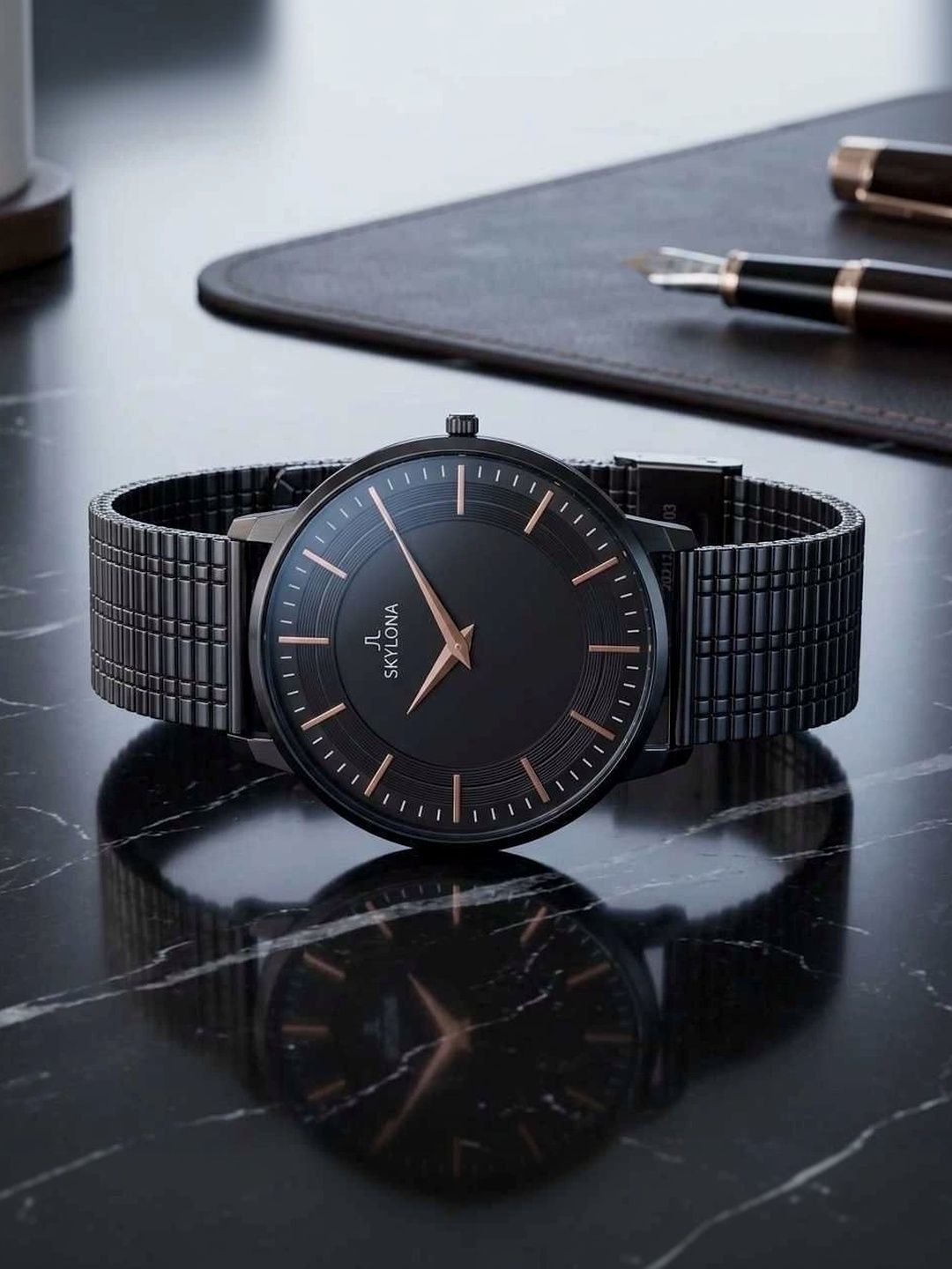 SKYLONA Men Brass Dial & Stainless Steel Bracelet Style Straps Analogue Watch Meredian Full Black-image-5