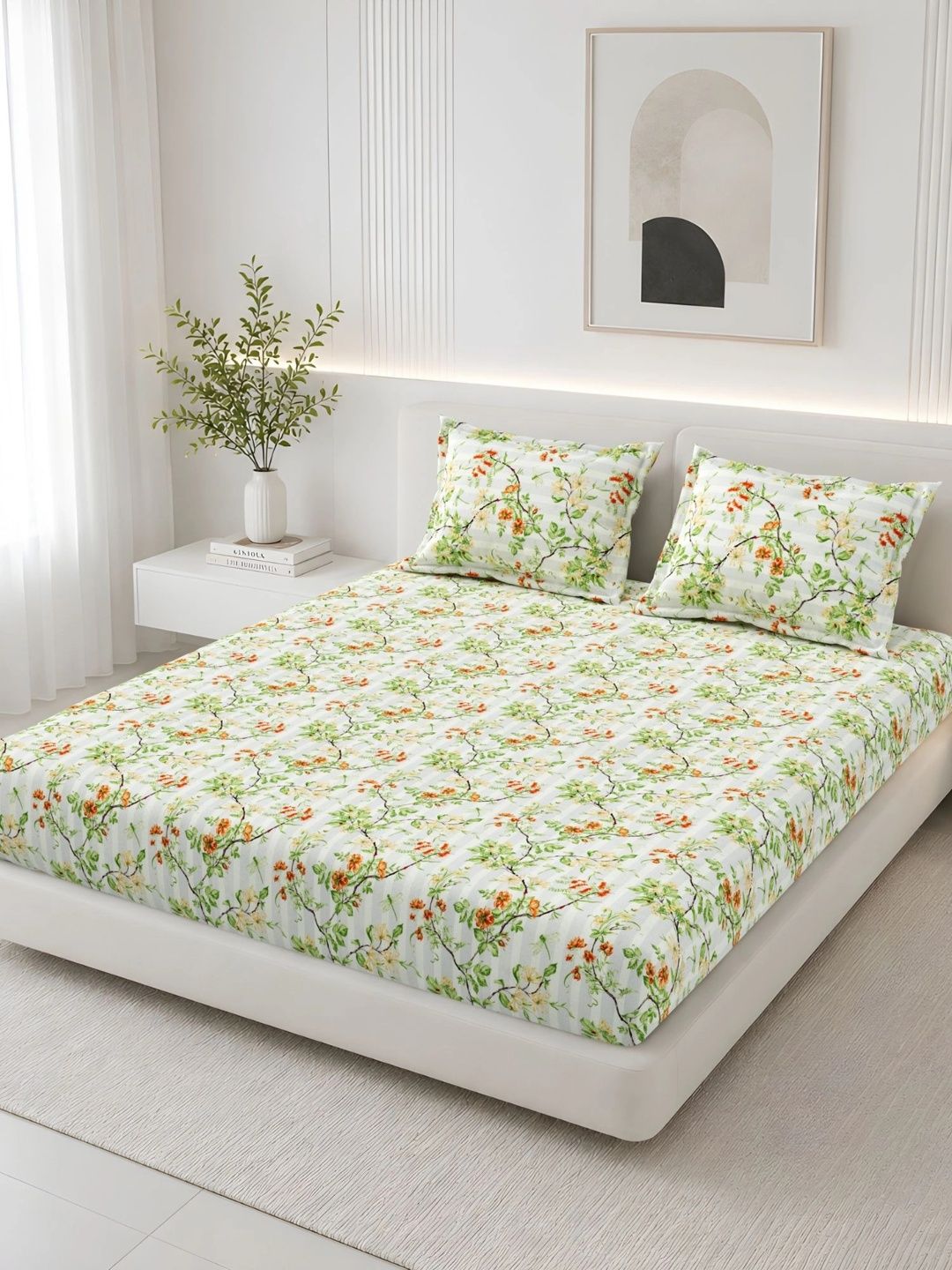 Homeful Style Green & Orange Floral 120 TC Queen Bedsheet with 2 Pillow Covers-image-6