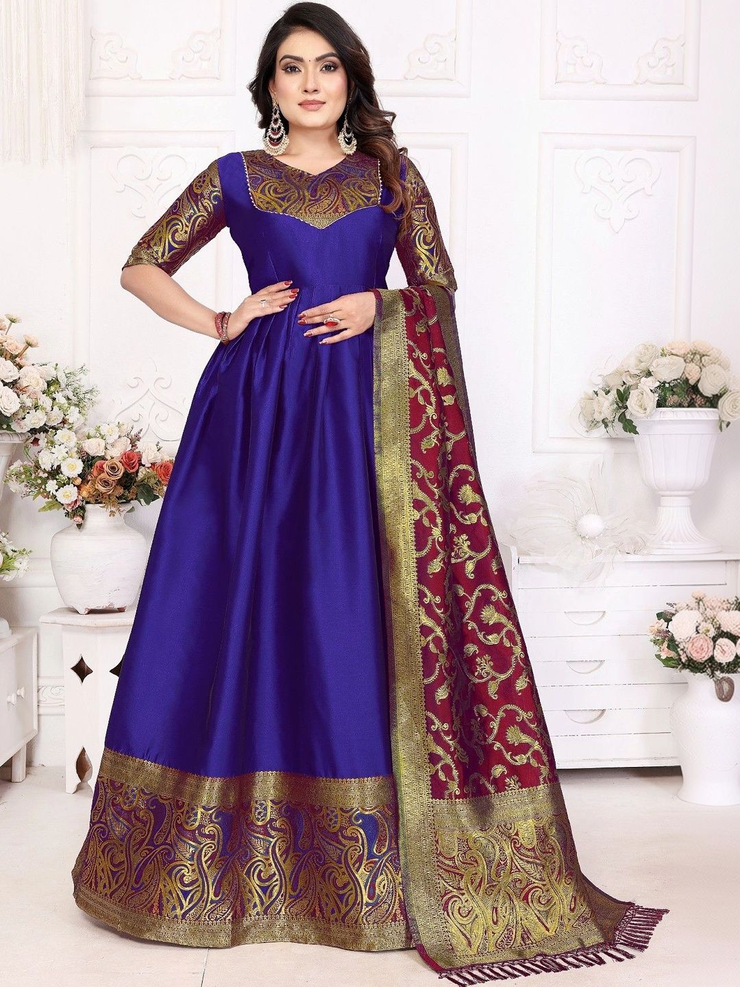 Kinjhit Fashion Woven Design V-Neck Gown Ethnic Dresses With Dupatta-image-25