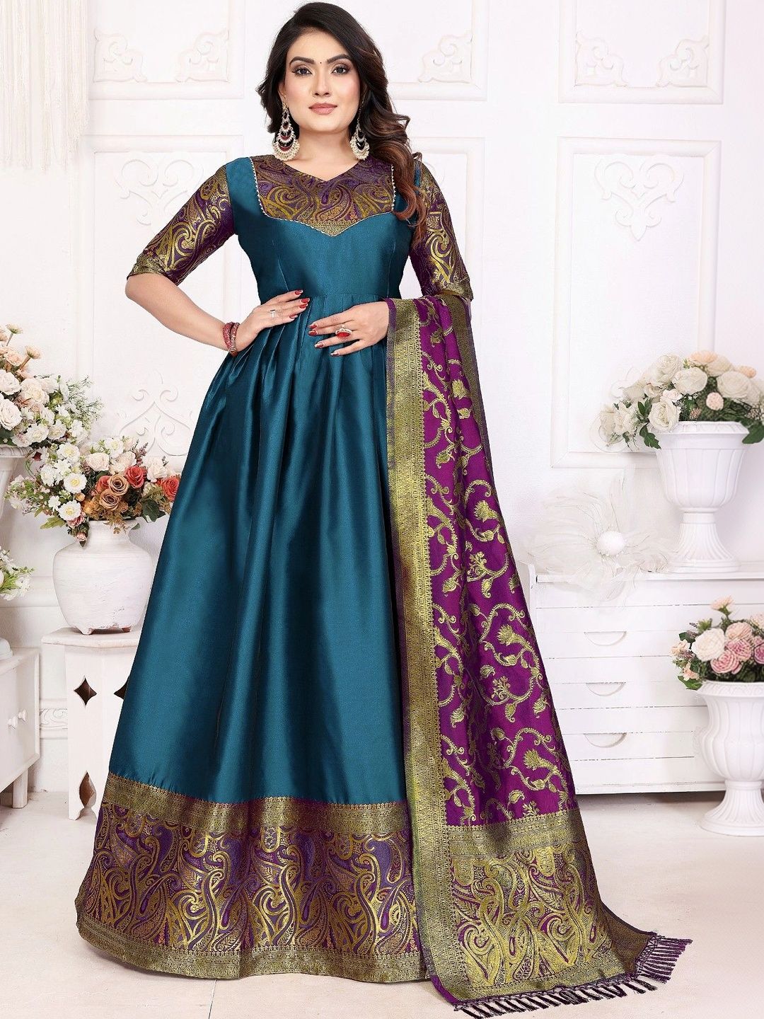 Kinjhit Fashion Woven Design V-Neck Gown Ethnic Dresses With Dupatta-image-17