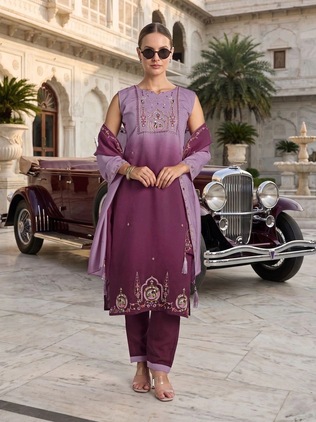 WHITE RAIN Women Ethnic Motifs Embroidered Regular Thread Work Chanderi Silk Kurta with Trousers & With-image-8