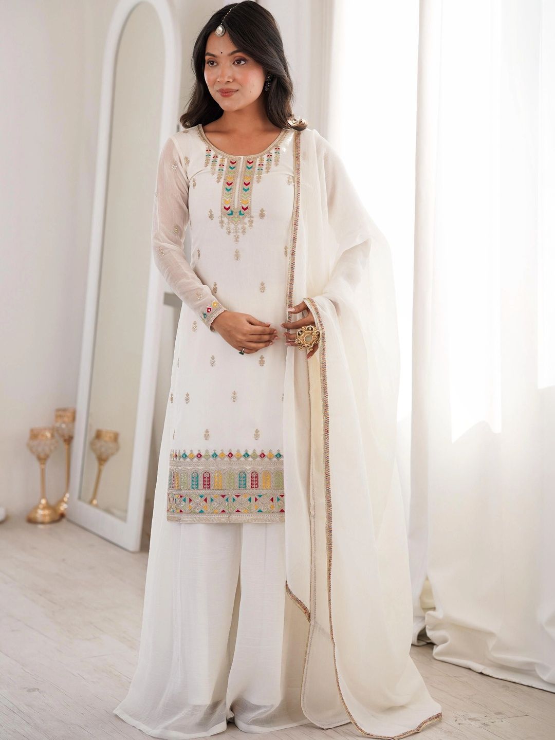 all about you Women Ethnic Motifs Embroidered Regular Thread Work Kurta with Sharara & With Dupatta-picture-21