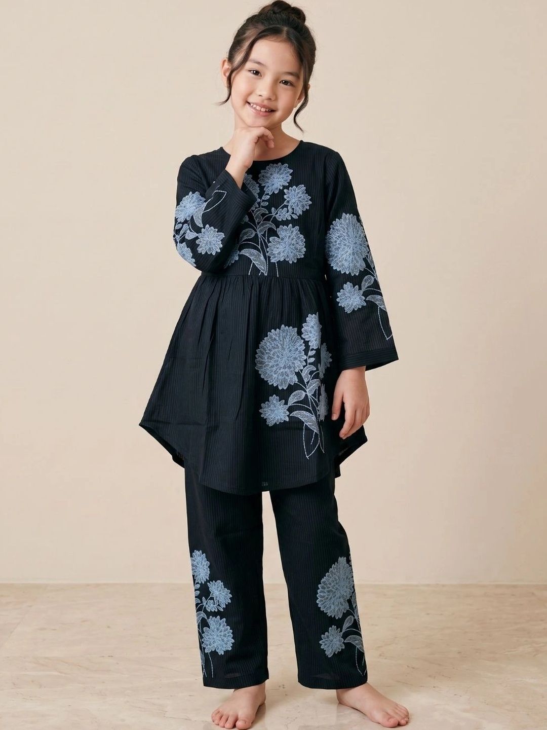 HOUSE OF IQF Girls Floral Embroidered Regular Thread Work Pure Cotton Kurta with Trousers-picture-21