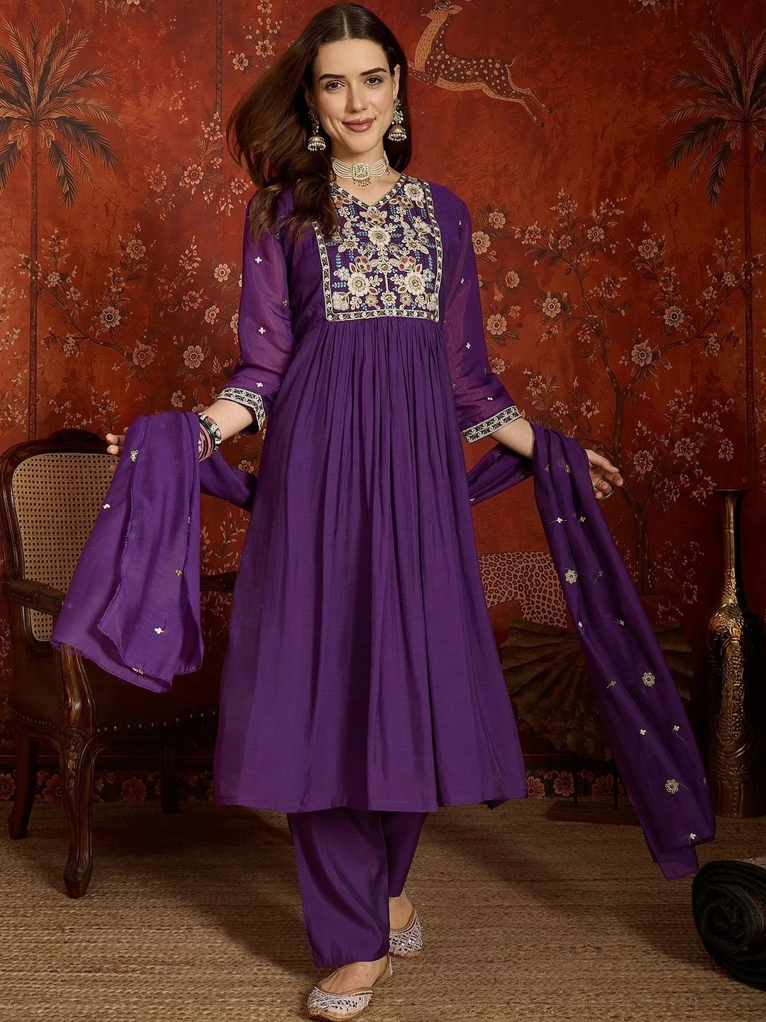 Maroosh Women Floral Embroidered Empire Thread Work Chanderi Cotton Kurta with Trousers & With Dupatta-picture-17