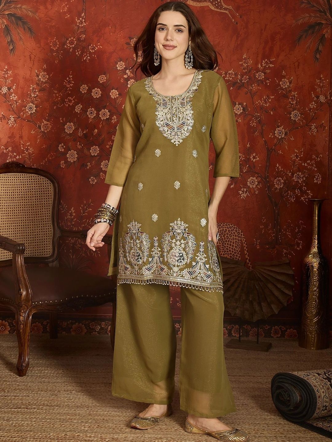 HERE&NOW Women Ethnic Motifs Embroidered Regular Thread Work Kurta with Palazzos & With Dupatta-picture-14