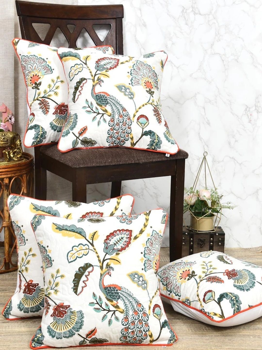 Myntra Elegant Homes White & Multicoloured Set of 5 Floral Square Cushion Covers-image-20