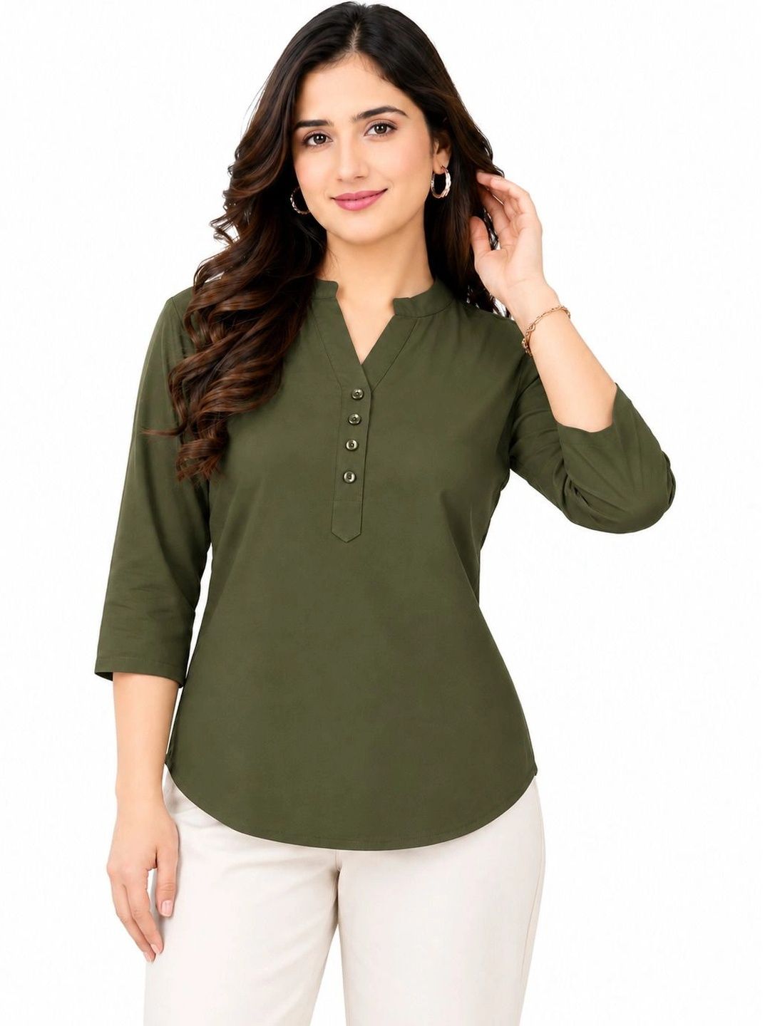 AAPRE Women Solid Cotton Mandarin Collar Short Top-picture-34