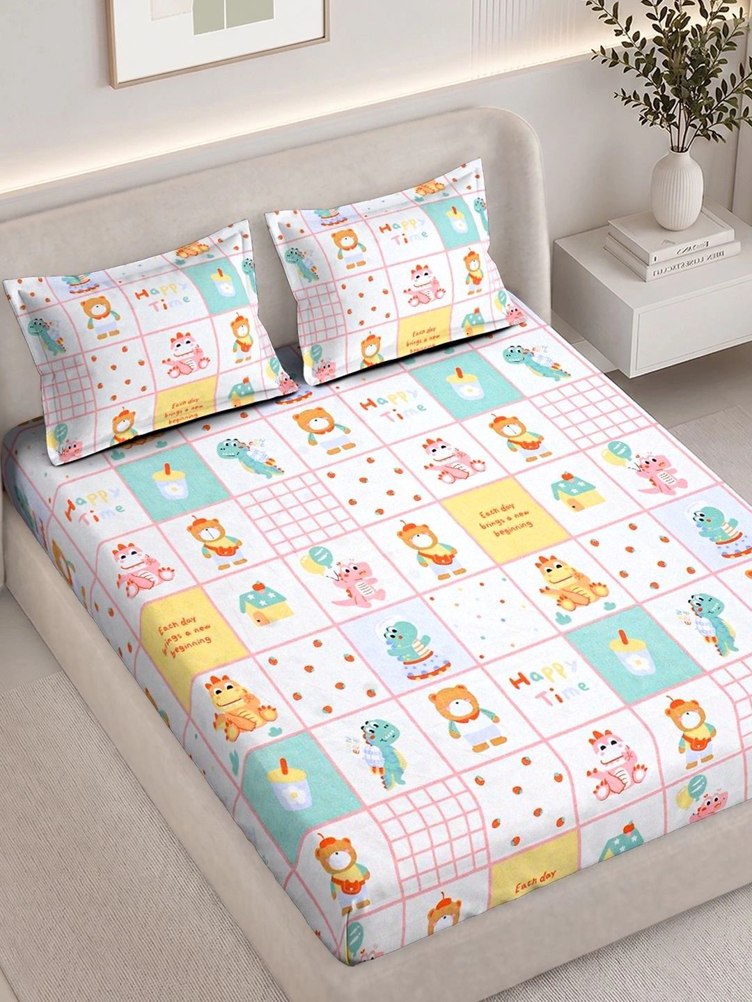 FABINALIV White Cartoon Characters 300 TC King Bedsheet with 2 Pillow Covers-picture-23