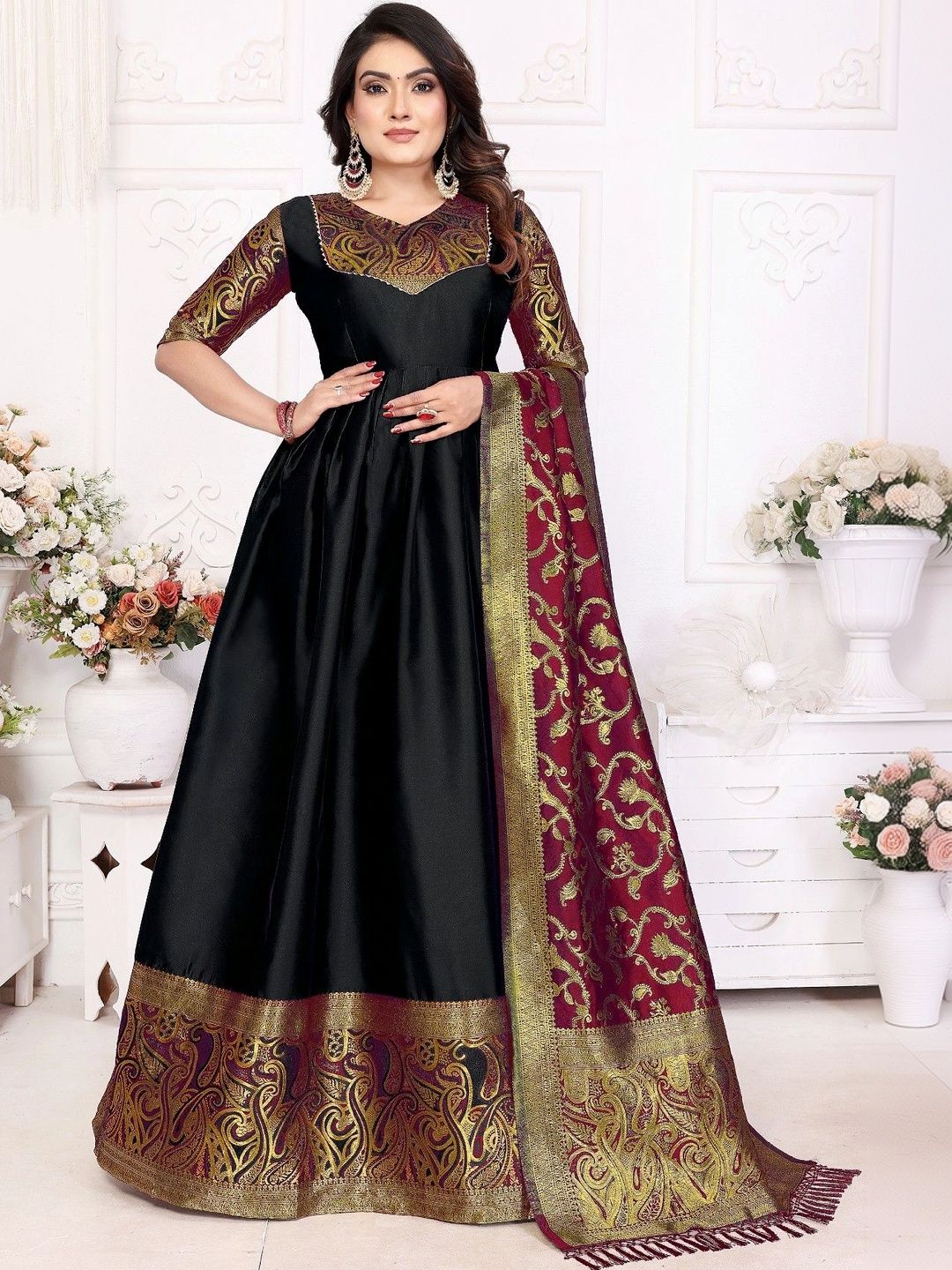 Kinjhit Fashion Woven Design V-Neck Gown Ethnic Dresses With Dupatta-picture-52
