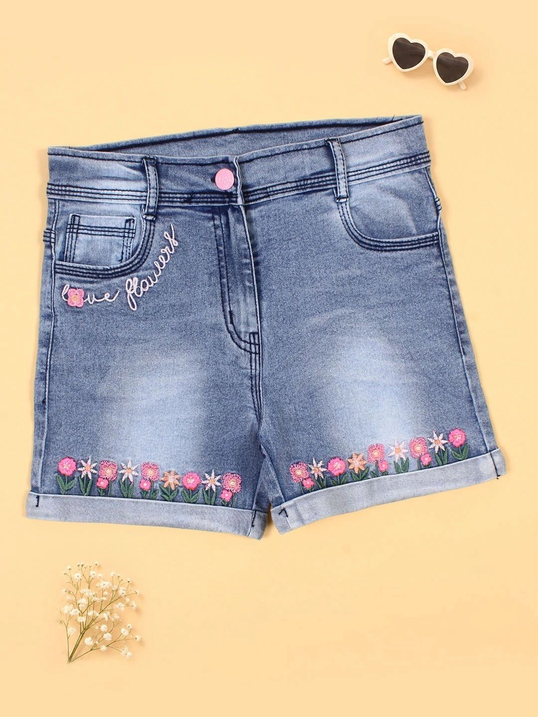 CUTECUMBER Girls Embellished Slim Fit Denim Blend Denim Shorts-image-49
