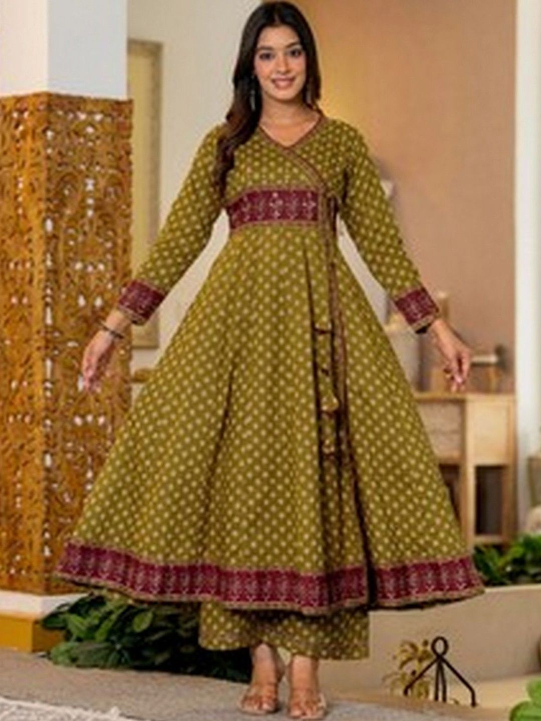 KALINI Women Ethnic Motifs Printed Angrakha Mirror Work Pure Cotton Kurta with Palazzos-picture-13