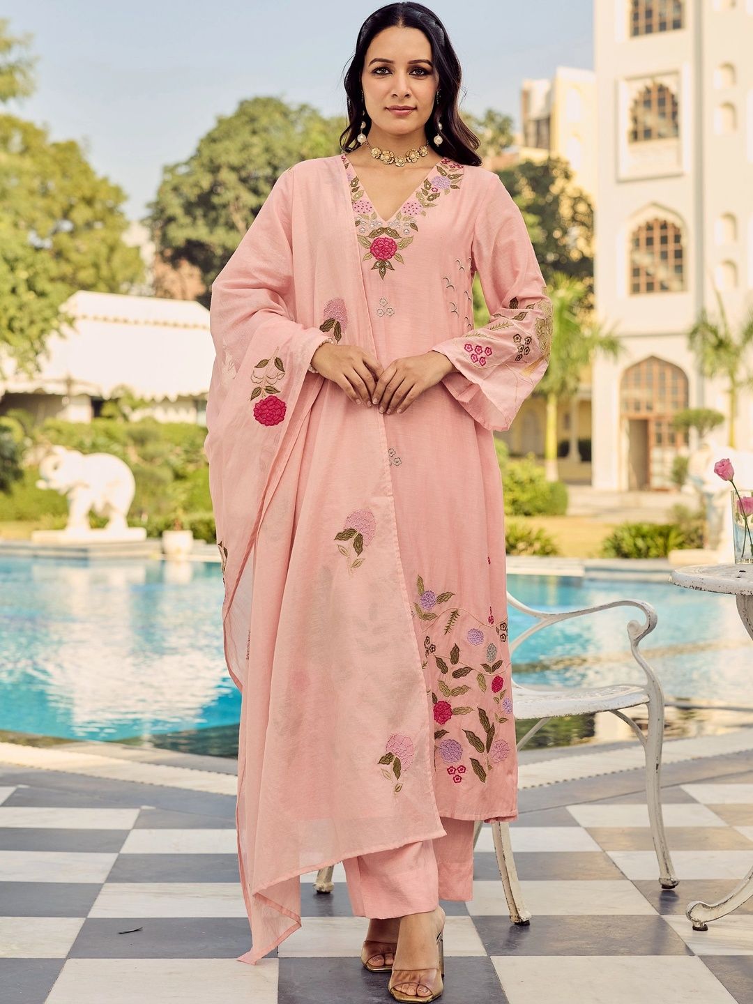 Tankori Women Embroidered Regular Thread Work Chanderi Silk Kurta with Trousers & With Dupatta-image-47