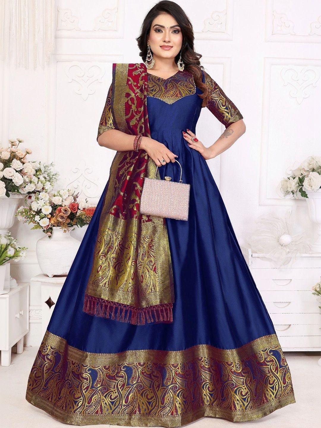 Kinjhit Fashion Woven Design V-Neck Gown Ethnic Dresses With Dupatta-picture-49