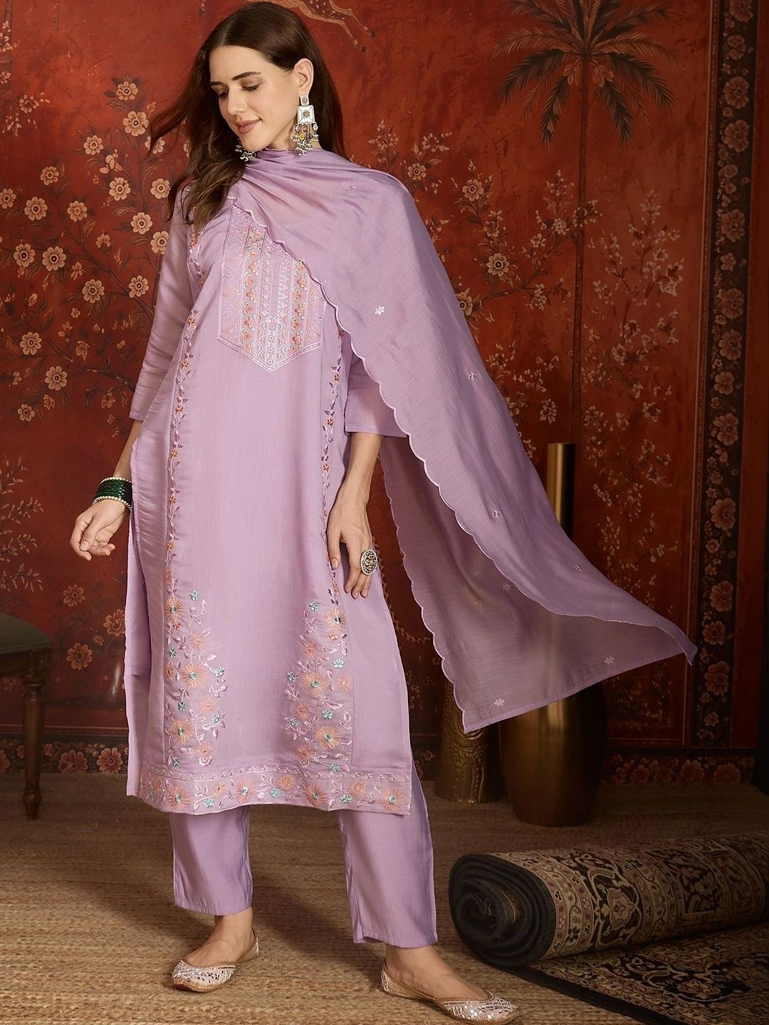 Maroosh Women Ethnic Motifs Embroidered Regular Thread Work Chanderi Cotton Kurta with Trousers & With-picture-39