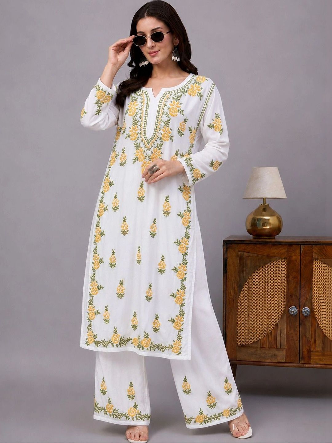 The Chikan Label Women Floral Embroidered Regular Chikankari Kurta with Palazzos-picture-53
