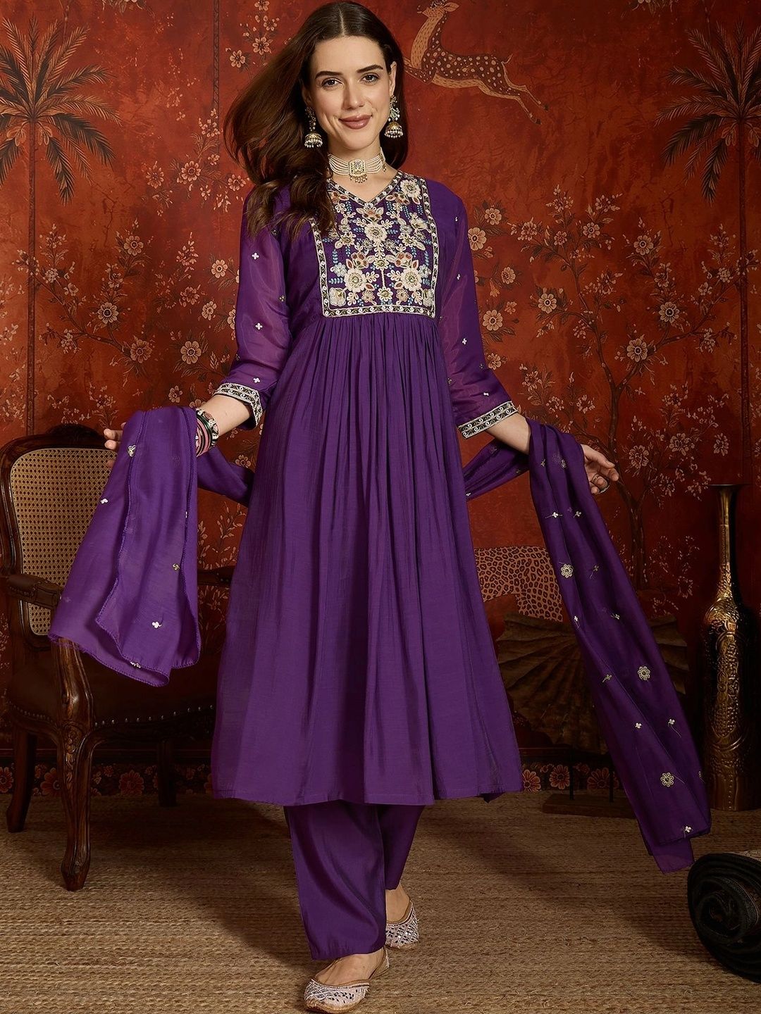 MANVAA Women Floral Embroidered Empire Thread Work Chanderi Cotton Kurta with Trousers & With Dupatta-picture-22