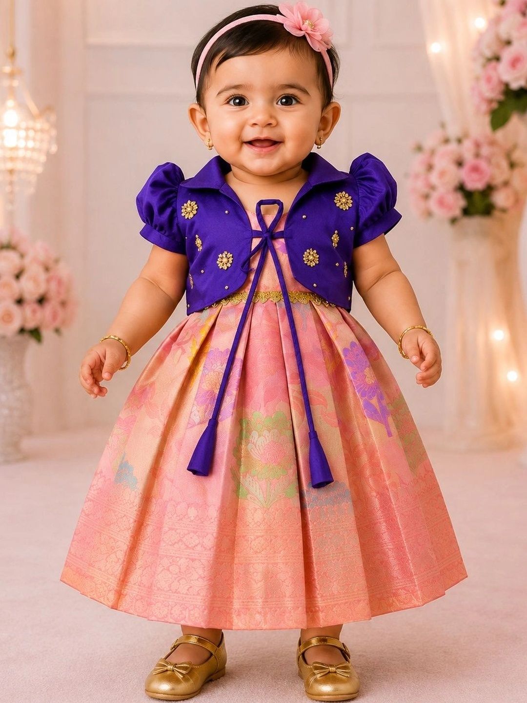 Babypattu Infant Girls Woven Design V-Neck Fit & Flare Ethnic Dress with Jacket-picture-44