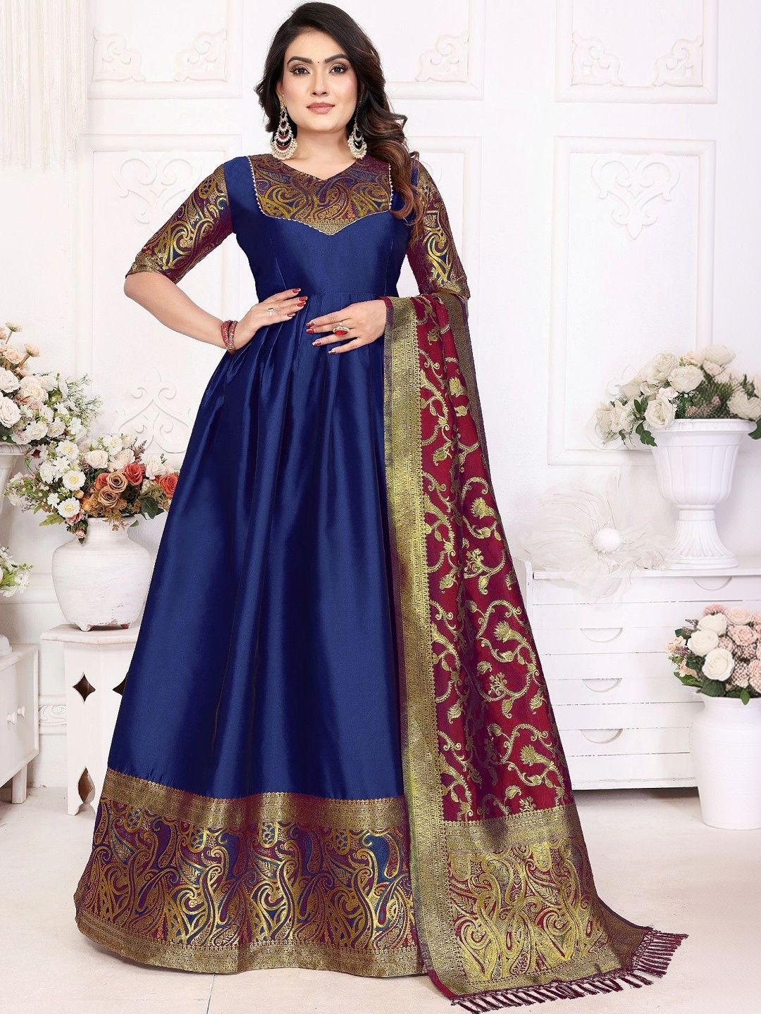 Kinjhit Fashion Woven Design V-Neck Gown Ethnic Dresses With Dupatta-picture-21