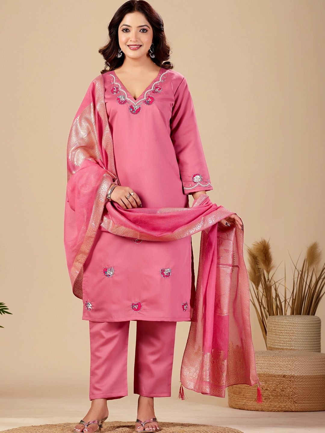 MANVAA Women Ethnic Motifs Embroidered Regular Thread Work Kurta with Trousers & With Dupatta-picture-13