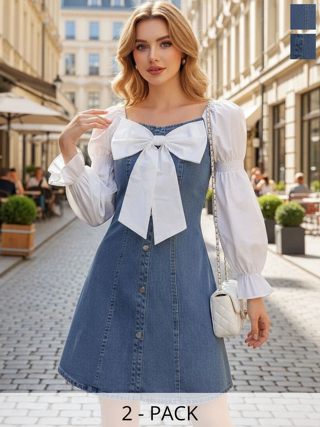 TIROMI Puff Sleeve Denim A-Line Dress-image-2
