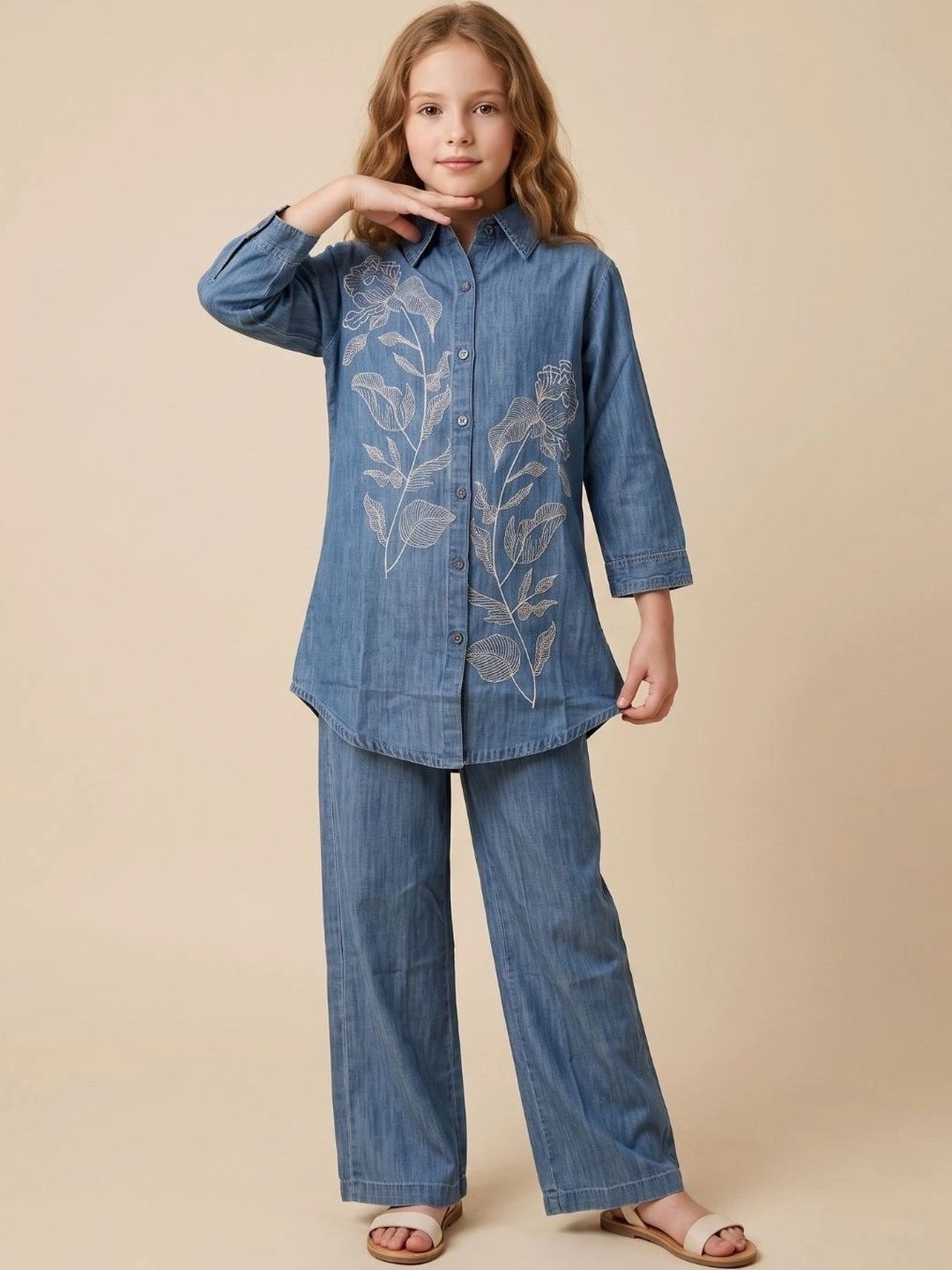 HOUSE OF IQF Girls Floral Embroidered Regular Thread Work Pure Cotton Kurti with Trousers-picture-21