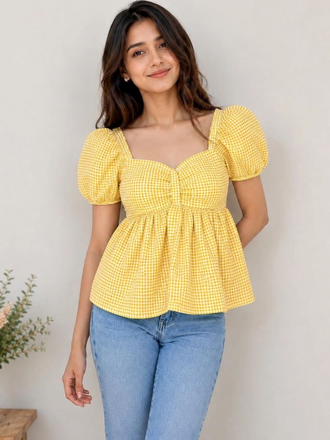 Just Fab Checked Puff Sleeve Peplum Top-picture-15