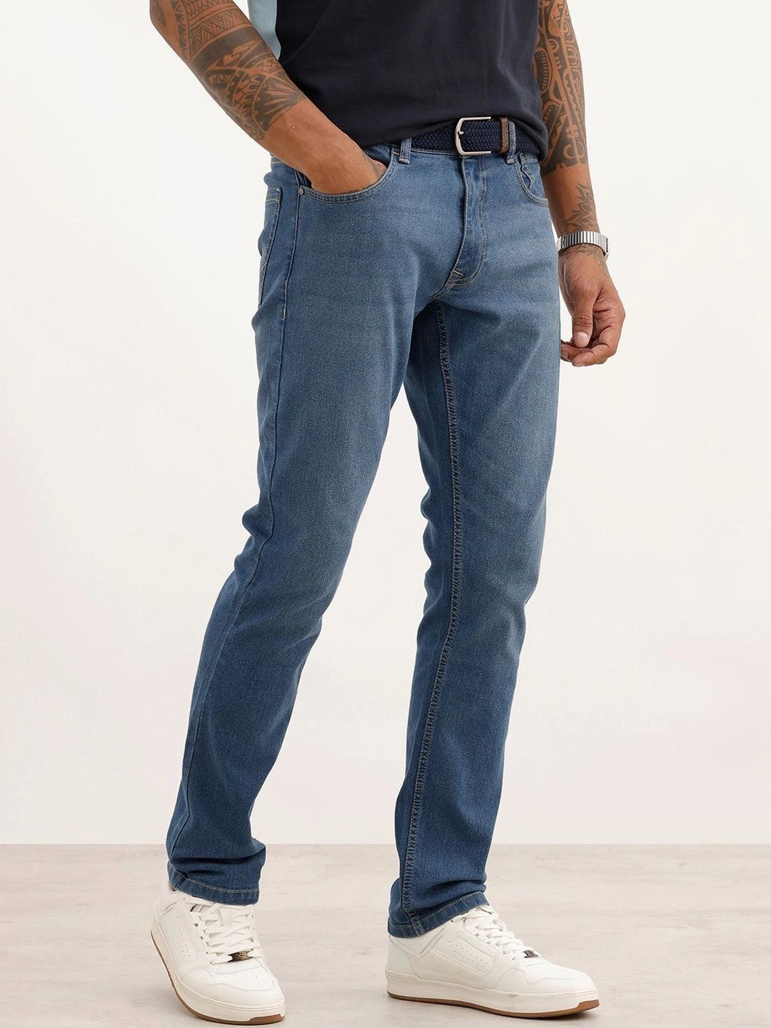 WROGN Men Slim Fit Mid-Rise Light Fade Stretchable Jeans-picture-36