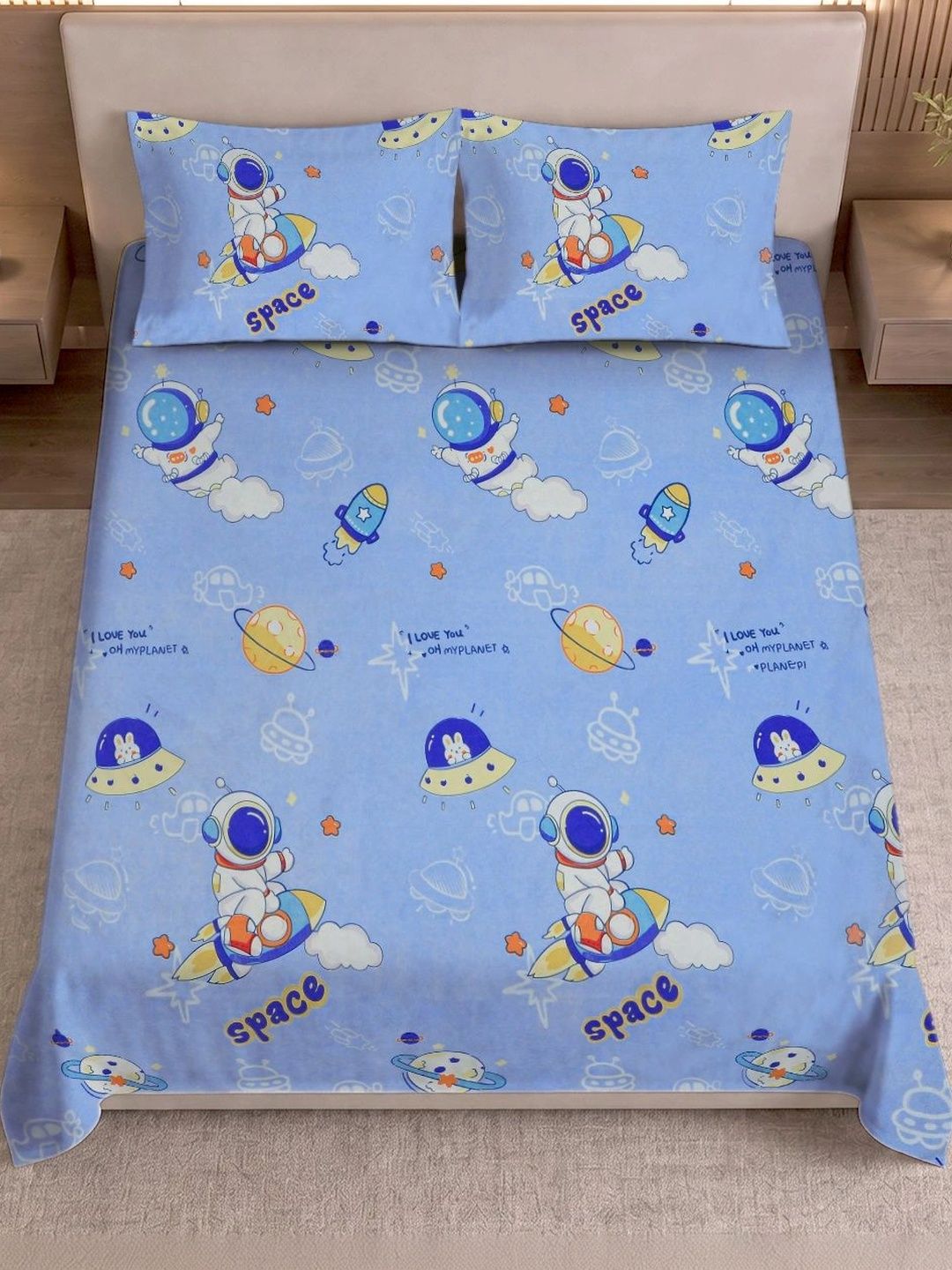 Myntra Elegant Homes Blue Cartoon Characters 300 TC King Bedsheet with 2 Pillow Covers-picture-33