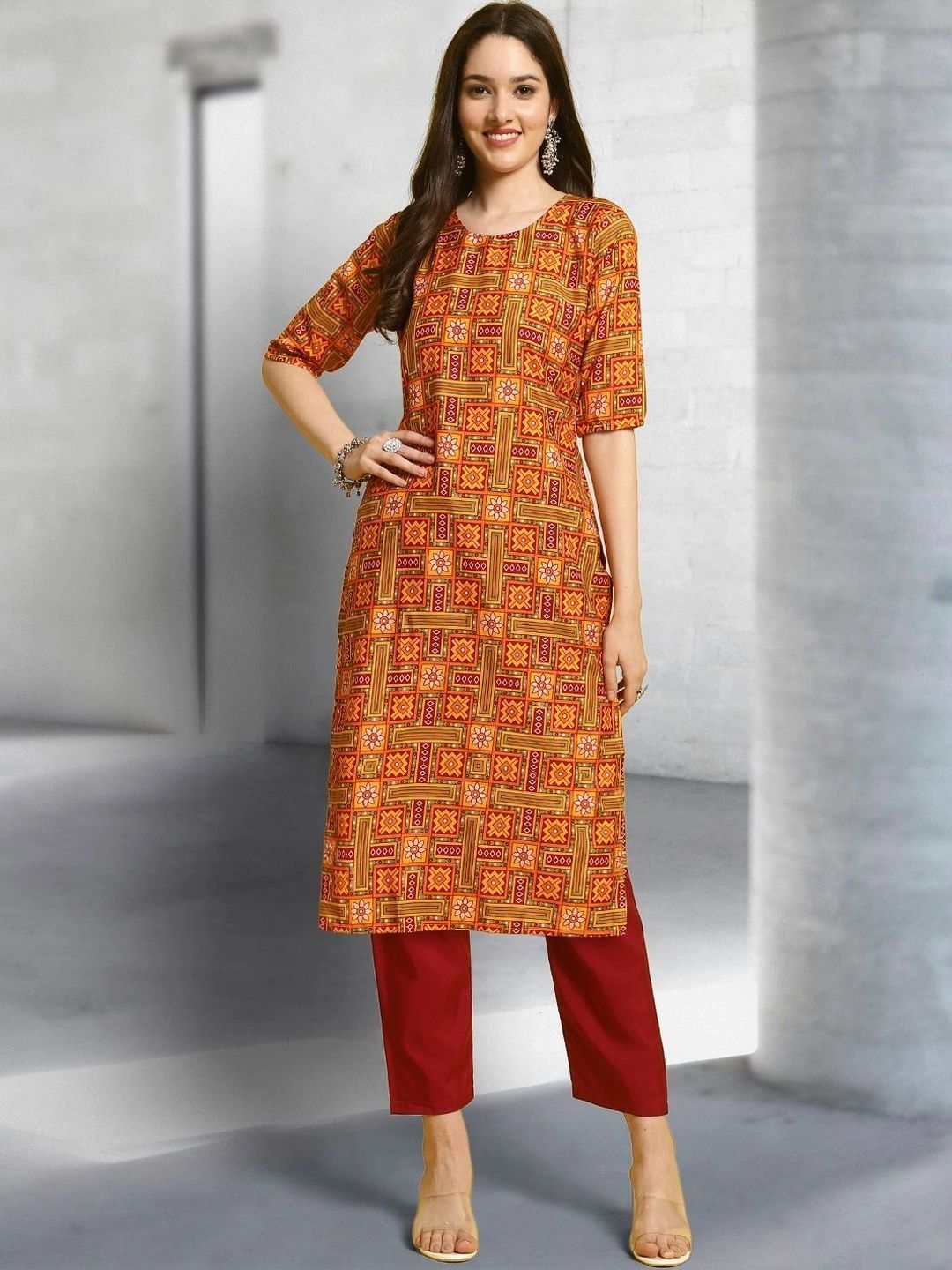 HERE&NOW Women Geometric Printed Crepe Kurta-picture-31