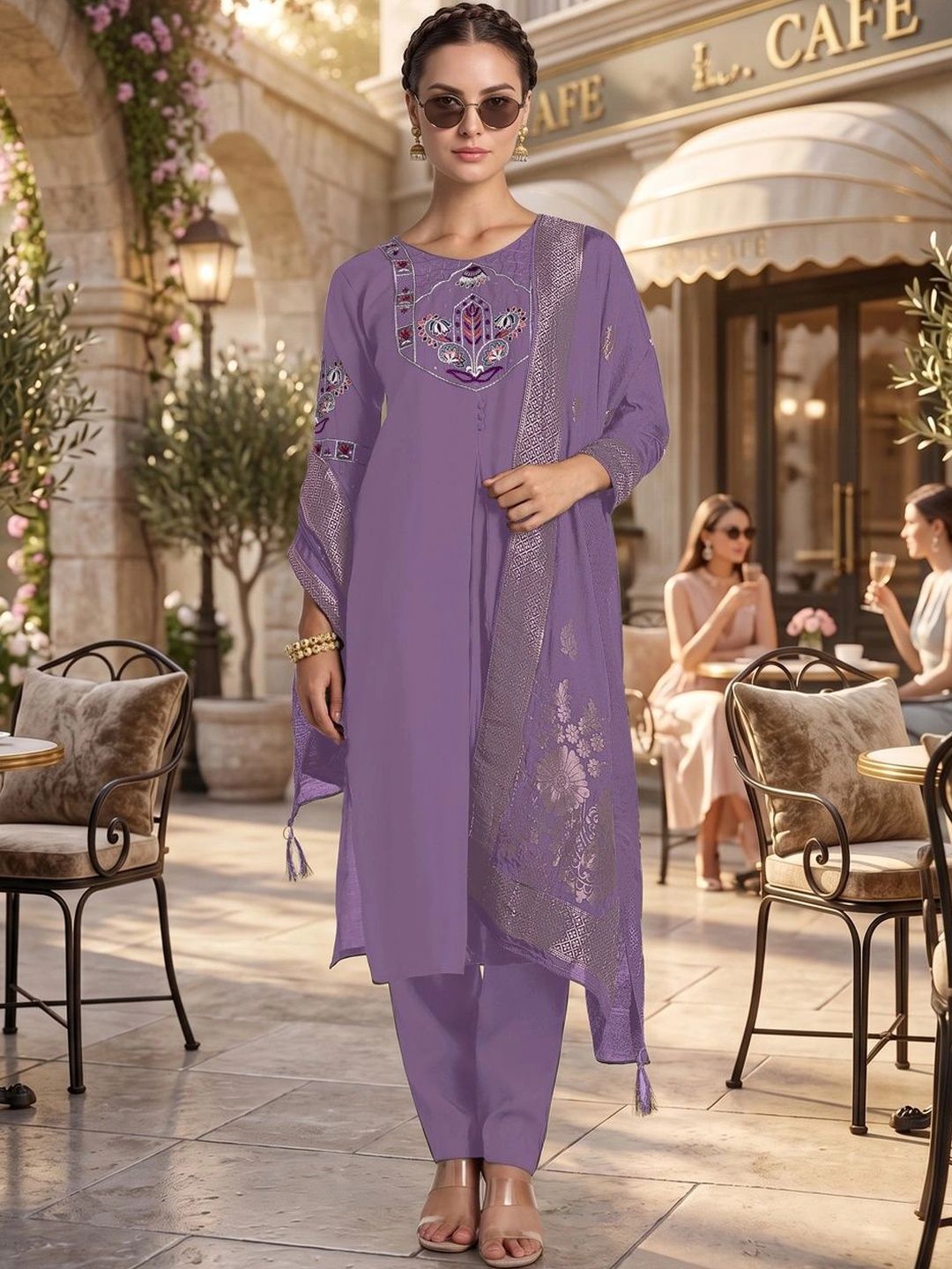 WHITE RAIN Women Ethnic Motifs Embroidered Regular Thread Work Chanderi Silk Kurta with Trousers & With-picture-42