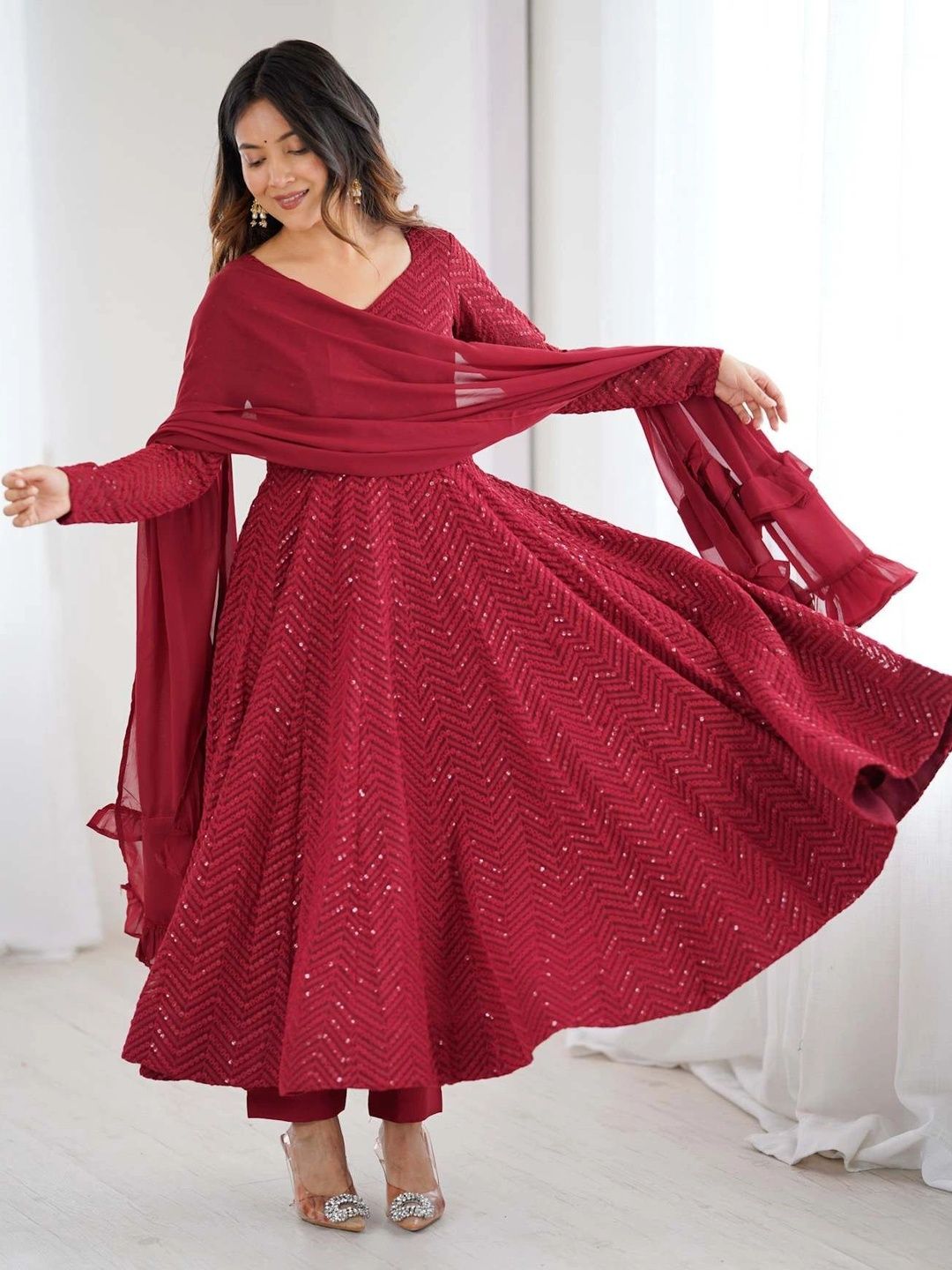 SAJANRE Women Embroidered Regular Sequinned Kurta with Trousers & With Dupatta-picture-57
