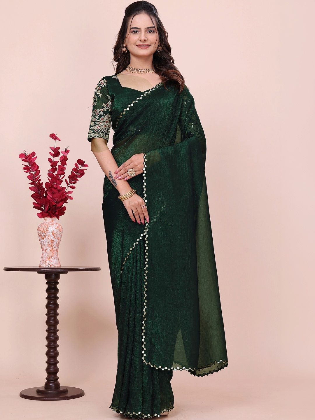 all about you Embellished Mirror Work Poly Georgette Designer Saree-image-17