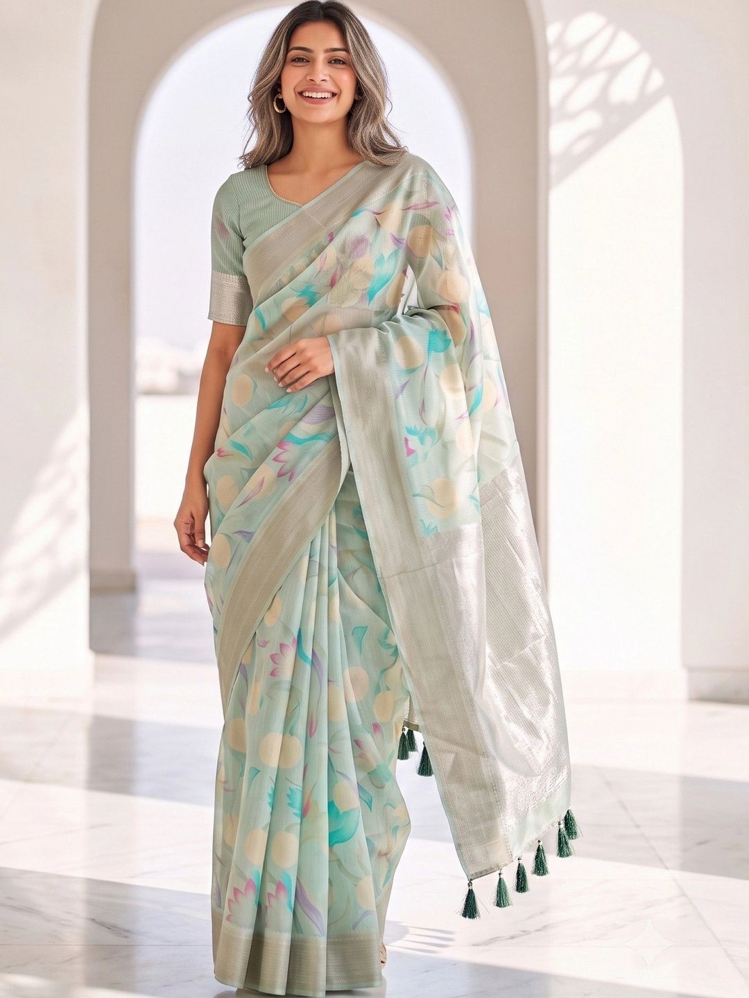 House of Vived Floral Zari Silk Blend Designer Saree-picture-23