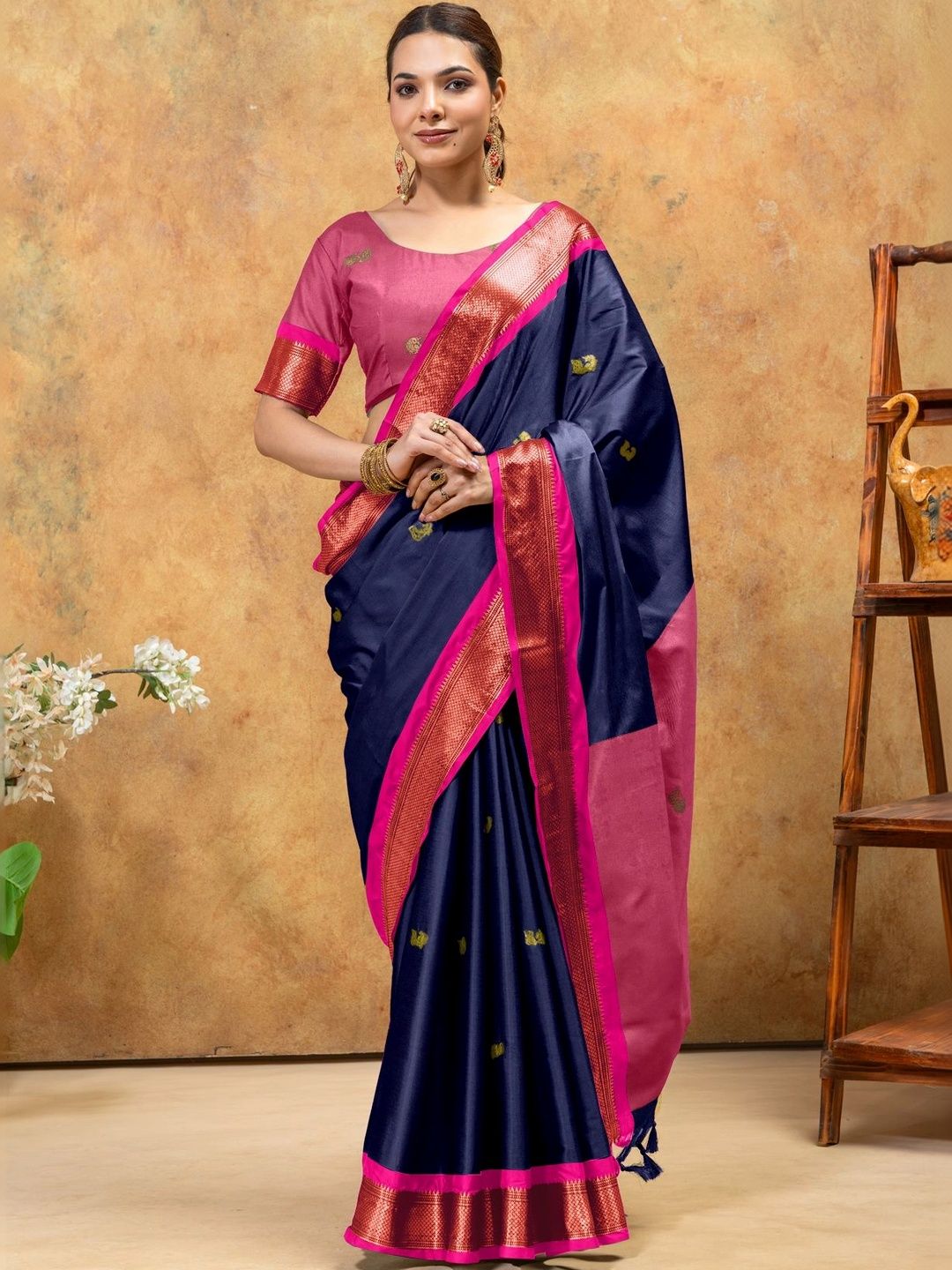 UMANTA Ethnic Motifs Zari Silk Cotton Designer Paithani Saree-picture-57