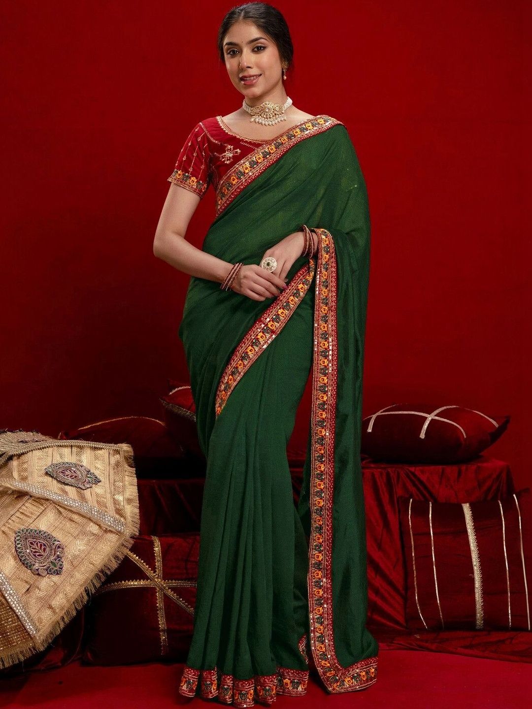 SAARA Embellished Embroidered Silk Blend Saree-image-15