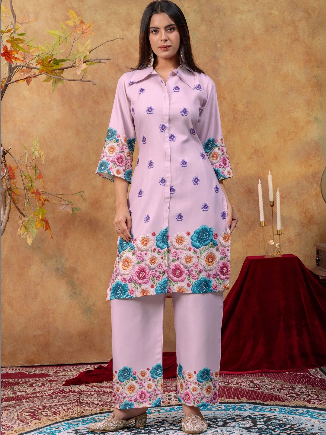 Maroosh Women Floral Printed Regular Pure Cotton Kurta with Trousers-picture-15