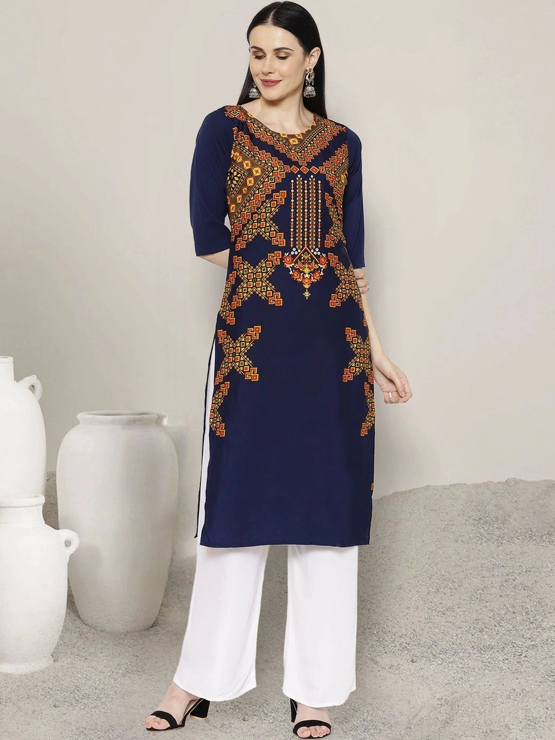 HERE&NOW Women Geometric Printed Crepe Kurta-picture-18