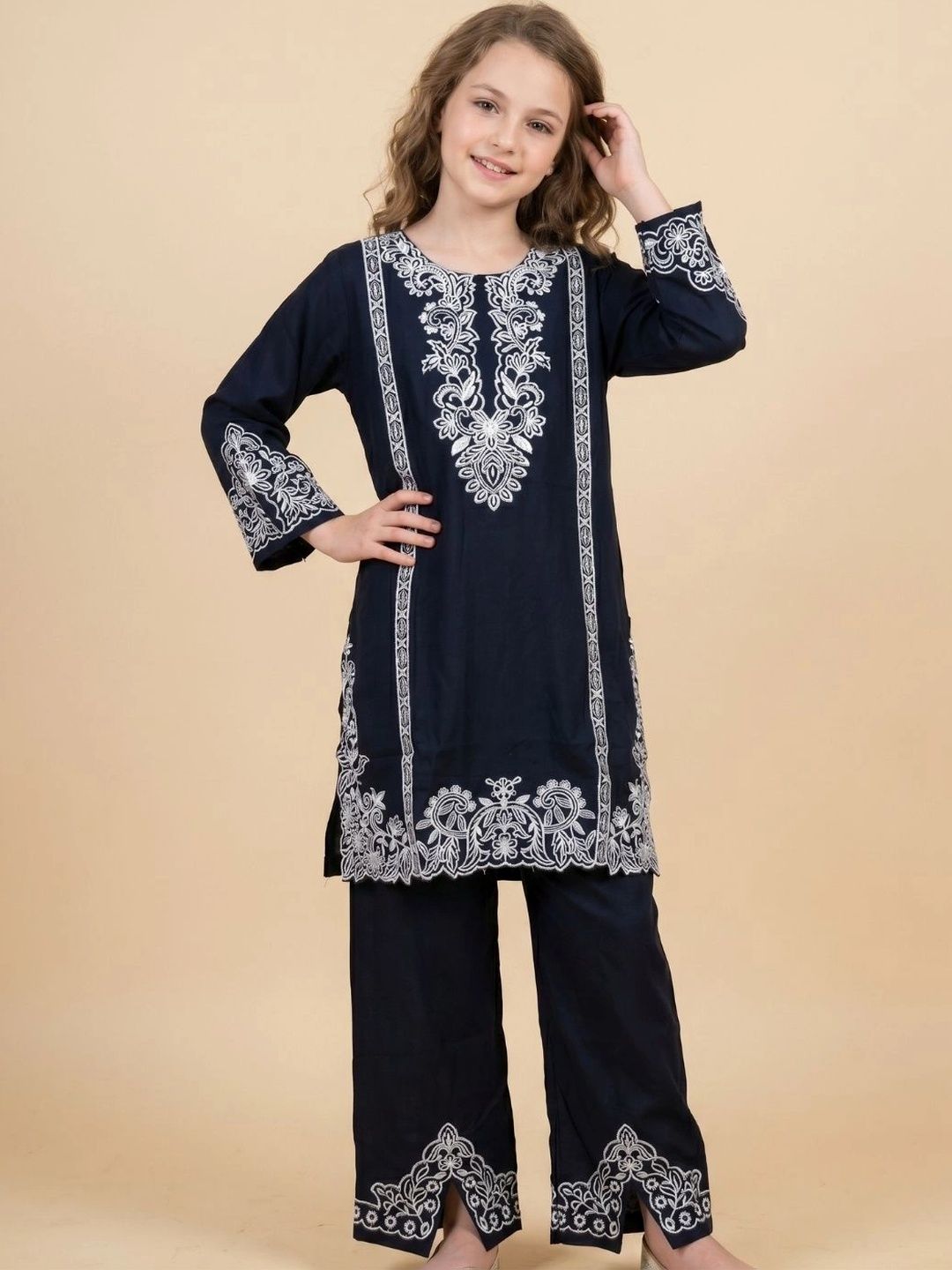 HOUSE OF IQF Girls Ethnic Motifs Embroidered Regular Thread Work Pure Cotton Kurta with Palazzos-picture-18