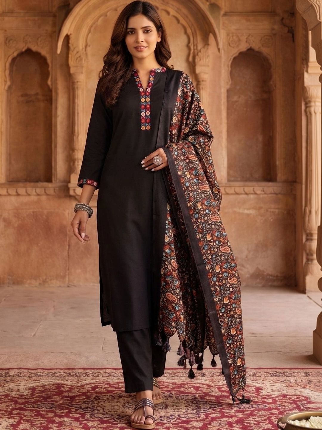 Varanga Women Ethnic Motifs Regular Thread Work Pure Cotton Kurta with Trousers & With Dupatta-picture-25