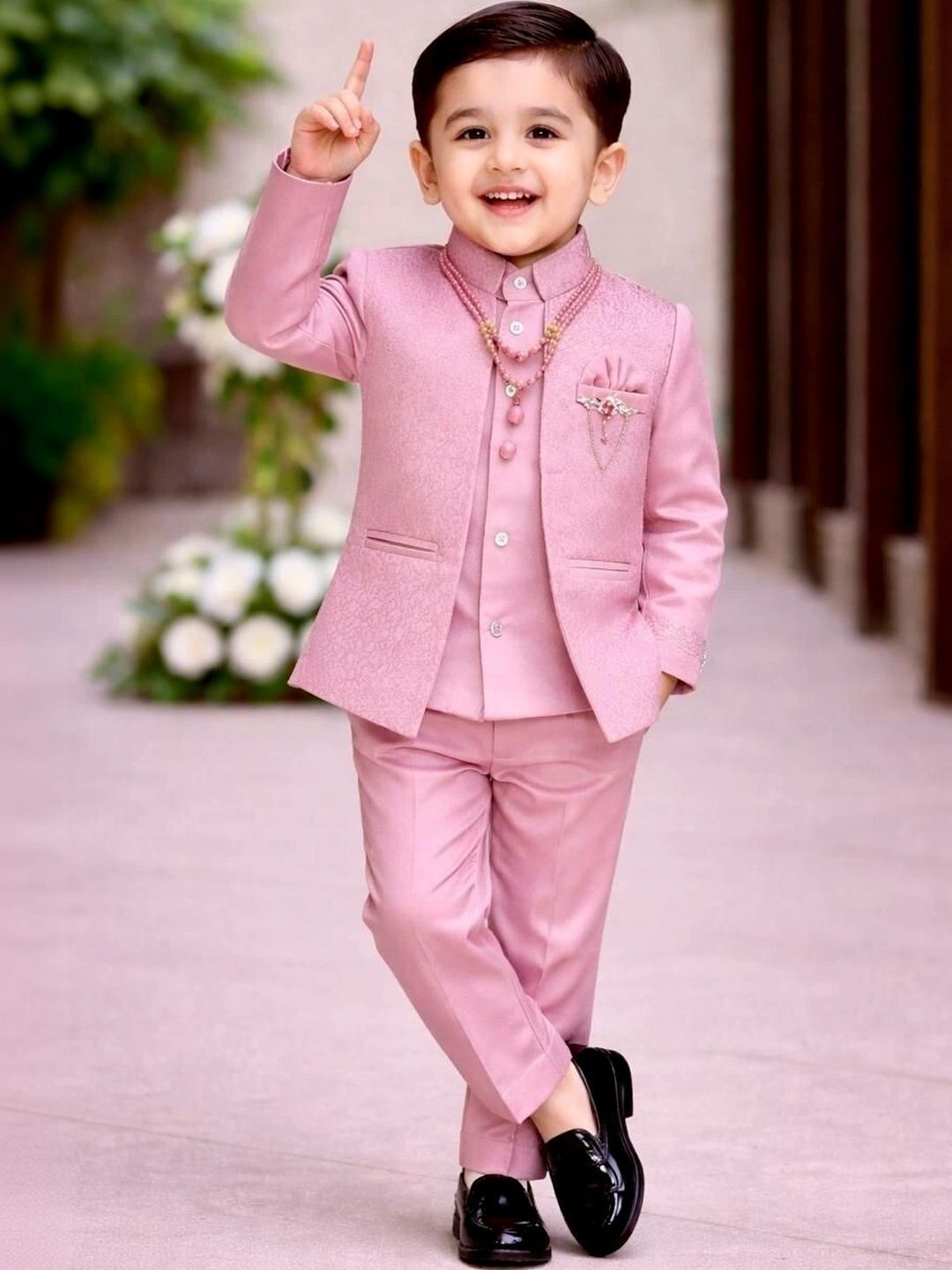 eliteeleganceapparel Boys Self Design Mandarin Collar Single-Breasted Two-Piece Suit-picture-17